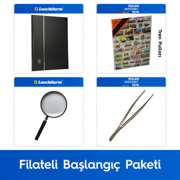 PULKO Filateli Başlangıç Paketi (Leuchtturm BASIC W16 Pul Defteri, 100 Çeşit Pul, Pul Maşası ve Büyüteç), Siyah - Tren Pulları ile
