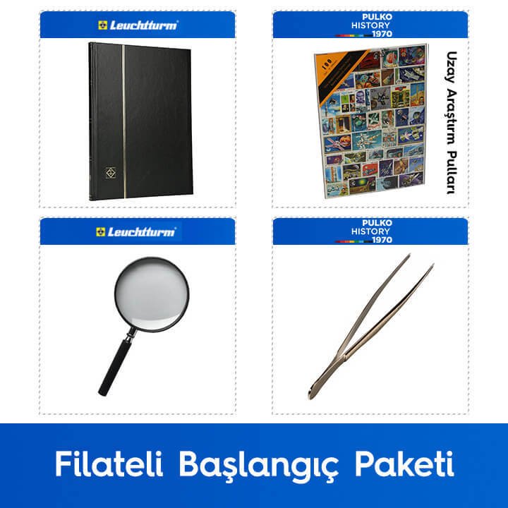 PULKO Filateli Başlangıç Paketi (Leuchtturm BASIC W16 Pul Defteri, 100 Çeşit Pul, Pul Maşası ve Büyüteç), Siyah - Uzay Araştırma Pulları ile