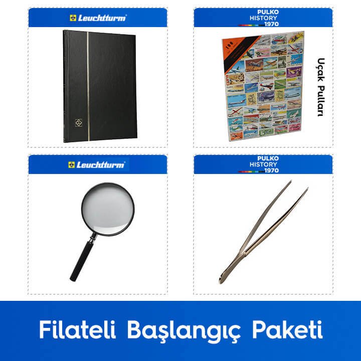 PULKO Filateli Başlangıç Paketi (Leuchtturm BASIC W16 Pul Defteri, 100 Çeşit Pul, Pul Maşası ve Büyüteç), Siyah - Uçak Pulları ile