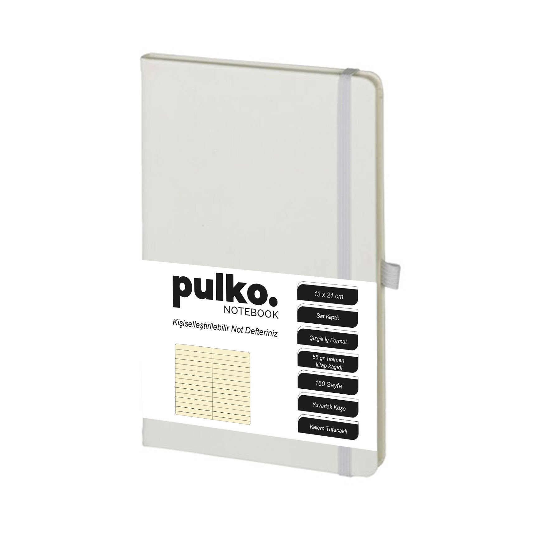 PULKO Notebook Not Defteri, (13x21cm), Termo Deri, Sert Kapak, 160 Sayfa, Krem Kağıt, Çizgili, 011, Beyaz