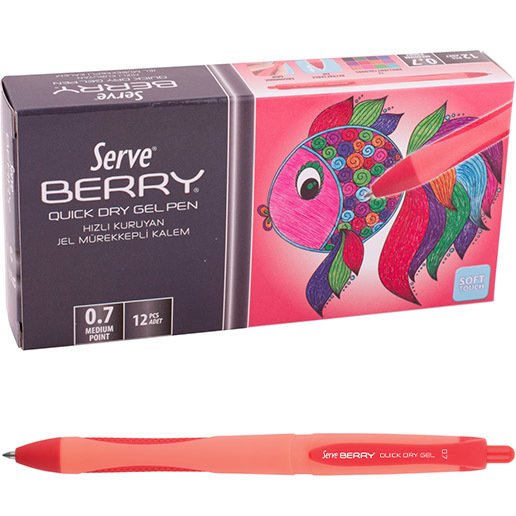 Serve Berry Jel Kalem 0.7 mm Klasik Renkler, Kırmızı - 12'li Kutu