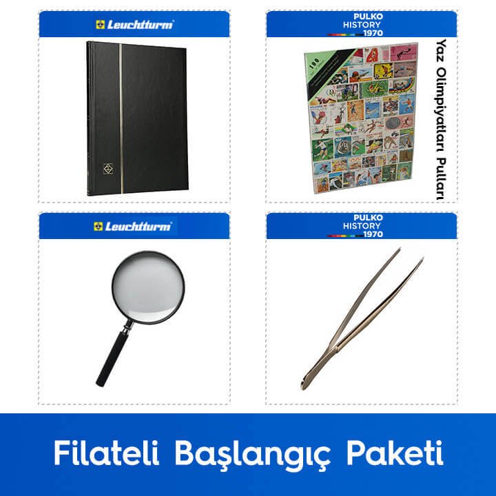 PULKO Filateli Başlangıç Paketi (Leuchtturm BASIC W16 Pul Defteri, 100 Çeşit Pul, Pul Maşası ve Büyüteç), Siyah - Yaz Olimpiyatları Pulları ile