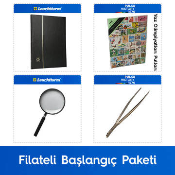 PULKO Filateli Başlangıç Paketi (Leuchtturm BASIC W16 Pul Defteri, 100 Çeşit Pul, Pul Maşası ve Büyüteç), Siyah - Yaz Olimpiyatları Pulları ile