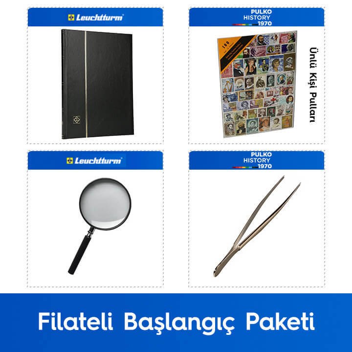 PULKO Filateli Başlangıç Paketi (Leuchtturm BASIC W16 Pul Defteri, 100 Çeşit Pul, Pul Maşası ve Büyüteç), Siyah - Ünlü Kişi Pulları ile