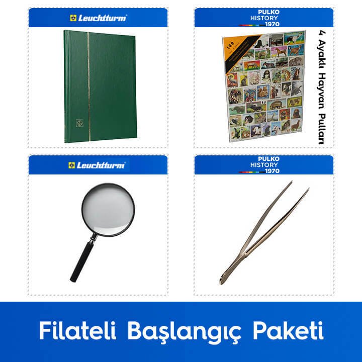 PULKO Filateli Başlangıç Paketi (Leuchtturm BASIC W16 Pul Defteri, 100 Çeşit Pul, Pul Maşası ve Büyüteç), Yeşil - 4 Ayaklı Hayvan Pulları ile