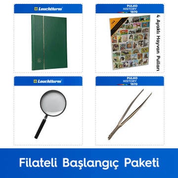 PULKO Filateli Başlangıç Paketi (Leuchtturm BASIC W16 Pul Defteri, 100 Çeşit Pul, Pul Maşası ve Büyüteç), Yeşil - 4 Ayaklı Hayvan Pulları ile