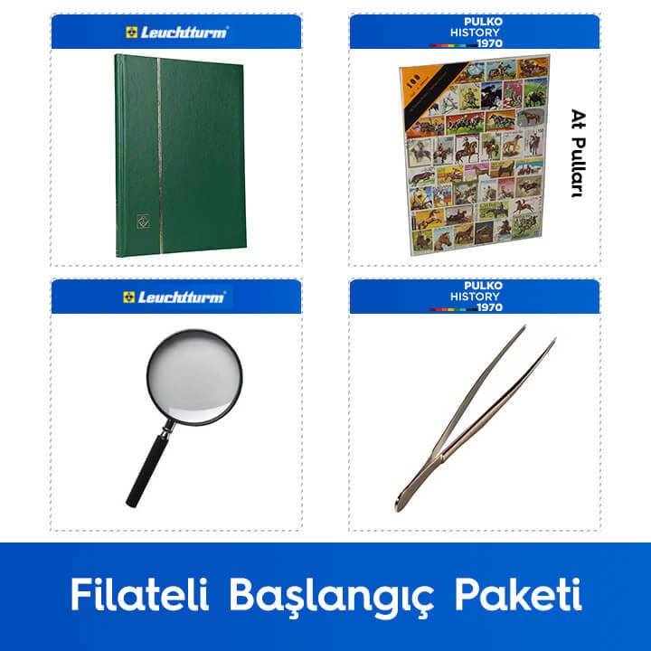 PULKO Filateli Başlangıç Paketi (Leuchtturm BASIC W16 Pul Defteri, 100 Çeşit Pul, Pul Maşası ve Büyüteç), Yeşil - At Pulları ile