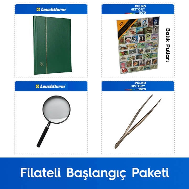 PULKO Filateli Başlangıç Paketi (Leuchtturm BASIC W16 Pul Defteri, 100 Çeşit Pul, Pul Maşası ve Büyüteç), Yeşil - Balık Pulları ile