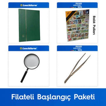 PULKO Filateli Başlangıç Paketi (Leuchtturm BASIC W16 Pul Defteri, 100 Çeşit Pul, Pul Maşası ve Büyüteç), Yeşil - Balık Pulları ile