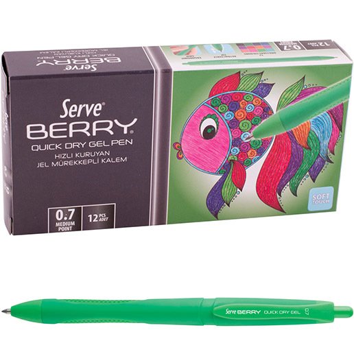 Serve Berry Jel Kalem 0.7 mm Klasik Renkler, Yeşil - 12'li Kutu