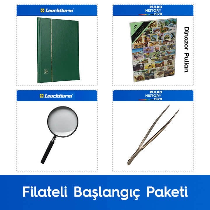 PULKO Filateli Başlangıç Paketi (Leuchtturm BASIC W16 Pul Defteri, 100 Çeşit Pul, Pul Maşası ve Büyüteç), Yeşil - Dinazor Pulları ile