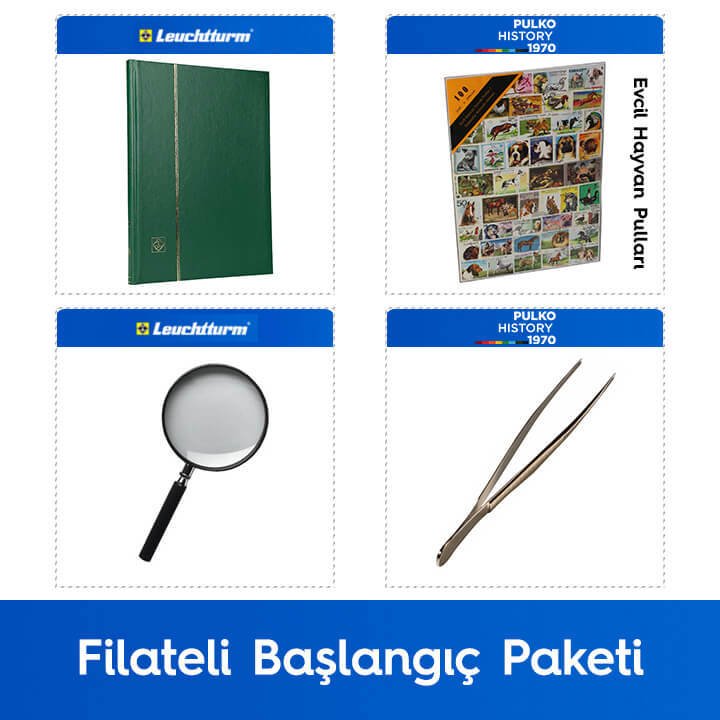 PULKO Filateli Başlangıç Paketi (Leuchtturm BASIC W16 Pul Defteri, 100 Çeşit Pul, Pul Maşası ve Büyüteç), Yeşil - Evcil Hayvan Pulları ile