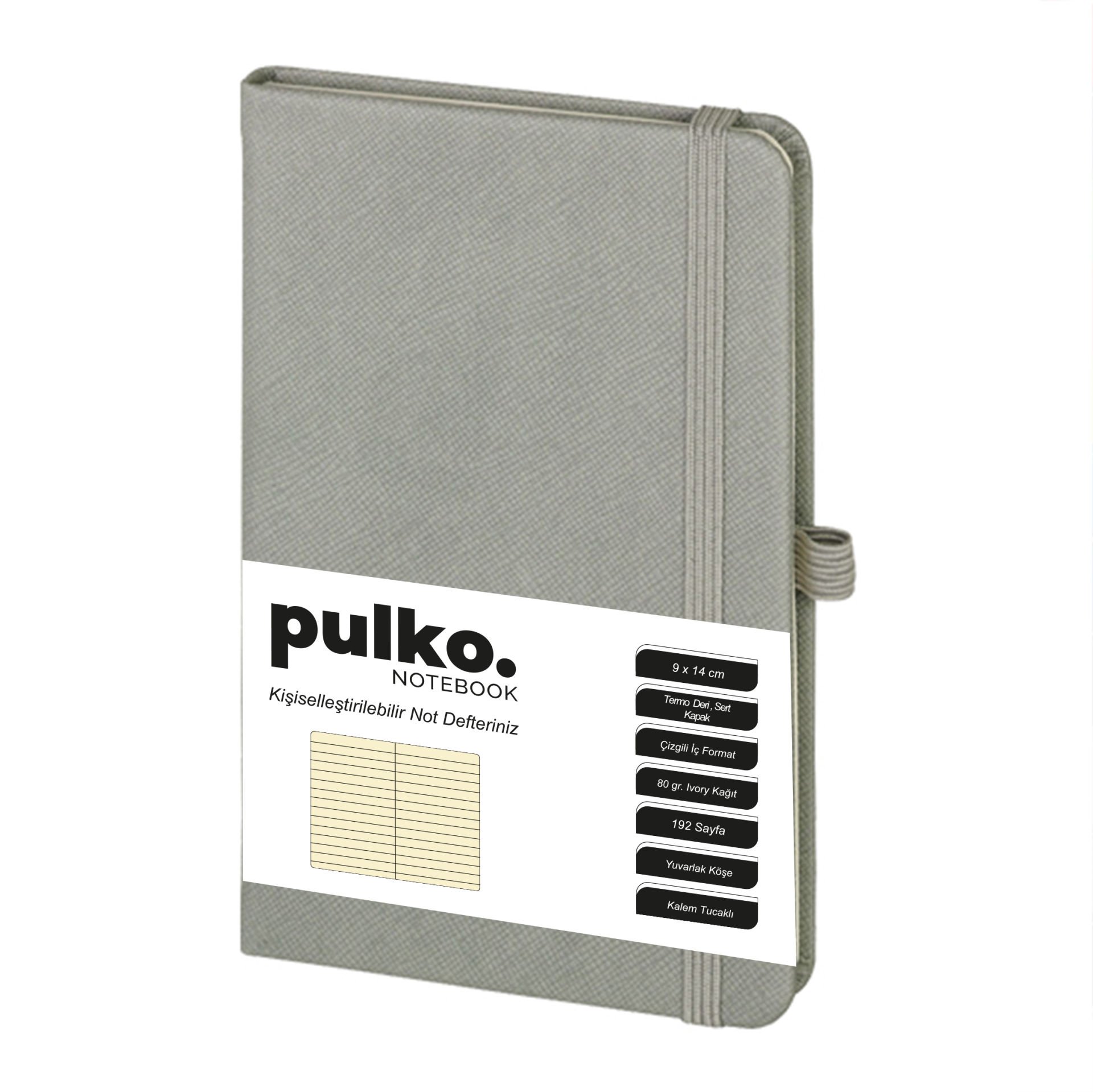 PULKO Notebook Not Defteri, (9x14cm), Termo Deri, Sert Kapak, 192 Sayfa, Çizgili, 035, Gri