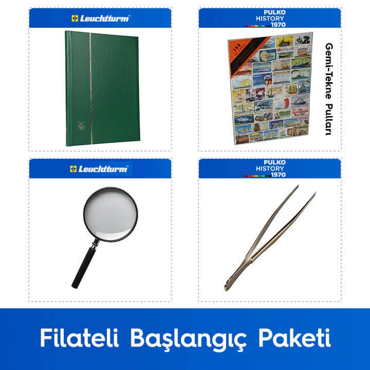 PULKO Filateli Başlangıç Paketi (Leuchtturm BASIC W16 Pul Defteri, 100 Çeşit Pul, Pul Maşası ve Büyüteç), Yeşil - Gemi Tekne Pulları ile