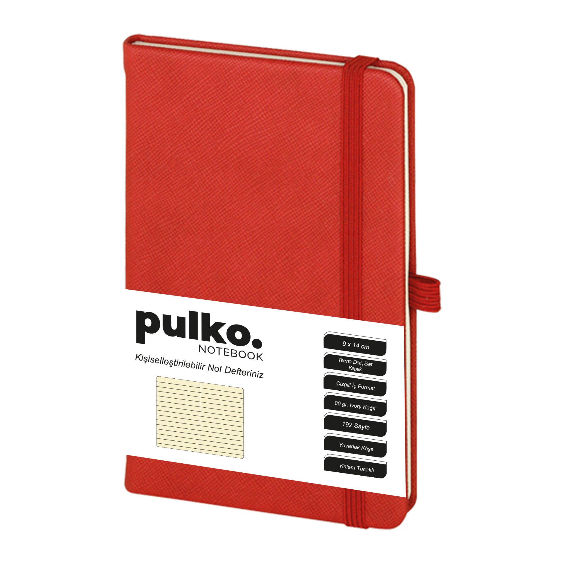 PULKO Notebook Not Defteri, (9x14cm), Termo Deri, Sert Kapak, 192 Sayfa, Çizgili, 035, Kırmızı