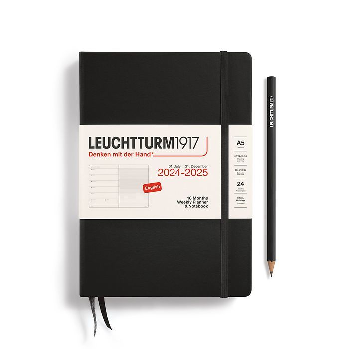 Leuchtturm1917 Haftalık Planlayıcı ve Not Defteri Orta Boy (A5) 2025, 18 Aylık, İngilizce, Siyah