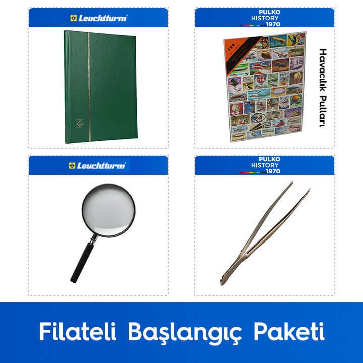 PULKO Filateli Başlangıç Paketi (Leuchtturm BASIC W16 Pul Defteri, 100 Çeşit Pul, Pul Maşası ve Büyüteç), Yeşil - Havacılık Pulları ile