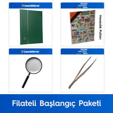 PULKO Filateli Başlangıç Paketi (Leuchtturm BASIC W16 Pul Defteri, 100 Çeşit Pul, Pul Maşası ve Büyüteç), Yeşil - Havacılık Pulları ile