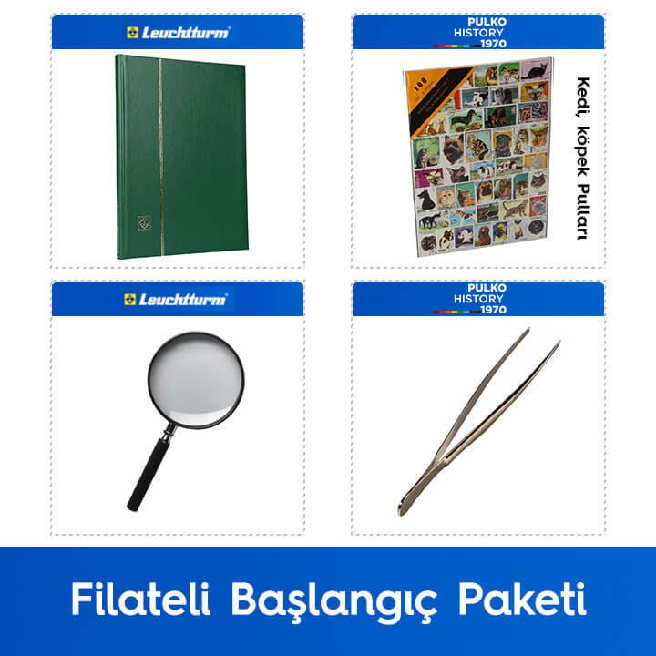 PULKO Filateli Başlangıç Paketi (Leuchtturm BASIC W16 Pul Defteri, 100 Çeşit Pul, Pul Maşası ve Büyüteç), Yeşil - Kedi Köpek Pulları ile