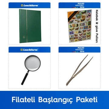 PULKO Filateli Başlangıç Paketi (Leuchtturm BASIC W16 Pul Defteri, 100 Çeşit Pul, Pul Maşası ve Büyüteç), Yeşil - Kelebek & Güve Pulları ile