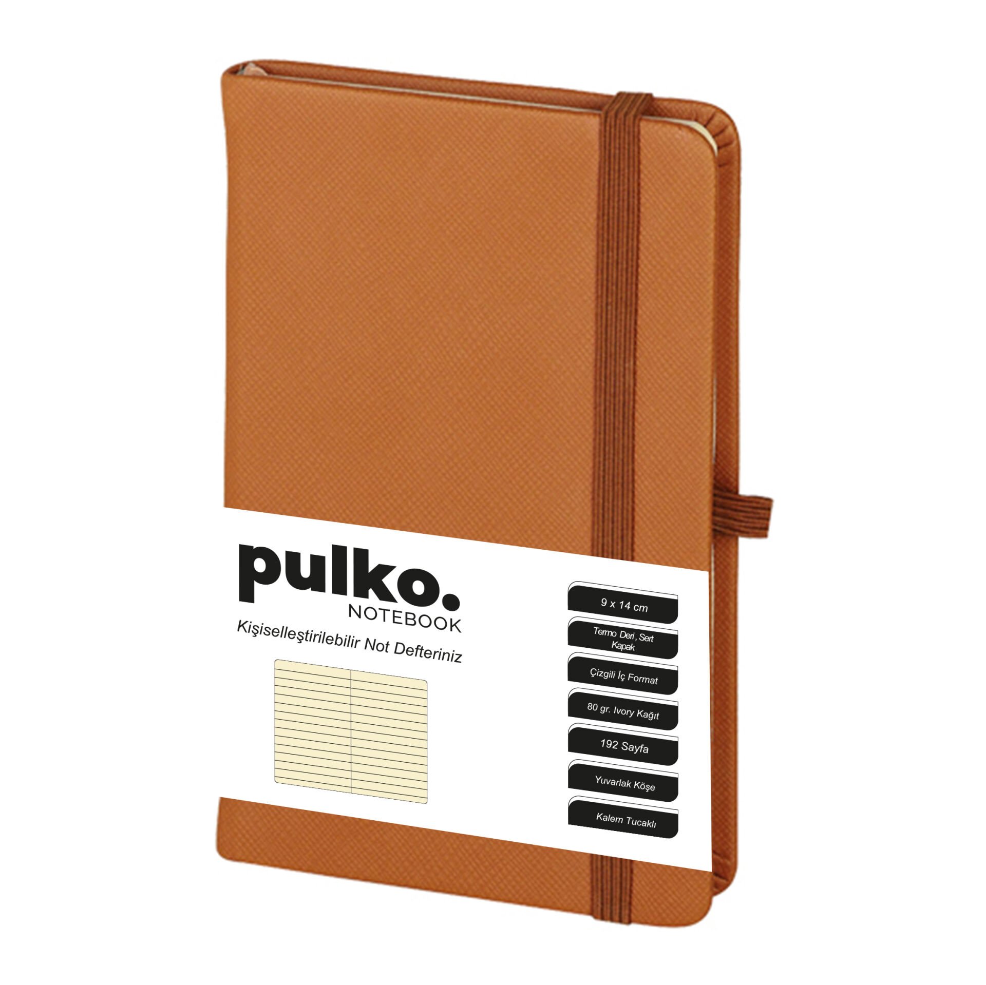 PULKO Notebook Not Defteri, (9x14cm), Termo Deri, Sert Kapak, 192 Sayfa, Çizgili, 035, Taba