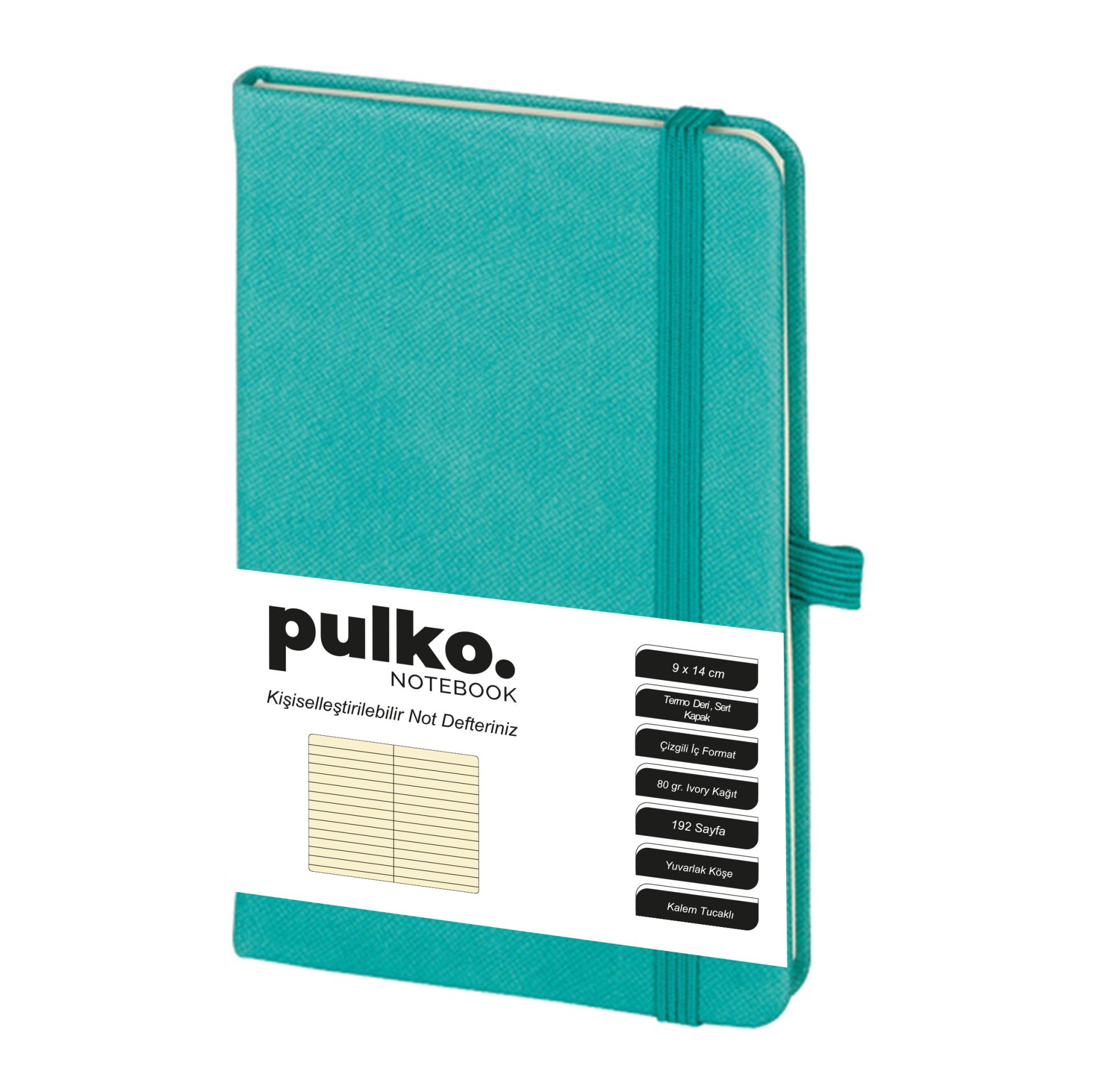 PULKO Notebook Not Defteri, (9x14cm), Termo Deri, Sert Kapak, 192 Sayfa, Çizgili, 035, Turkuaz