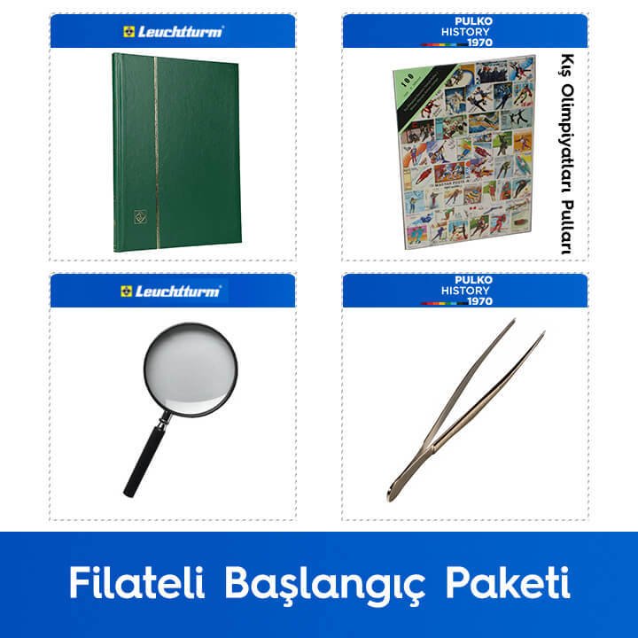 PULKO Filateli Başlangıç Paketi (Leuchtturm BASIC W16 Pul Defteri, 100 Çeşit Pul, Pul Maşası ve Büyüteç), Yeşil - Kış Olimpiyatları Pulları ile
