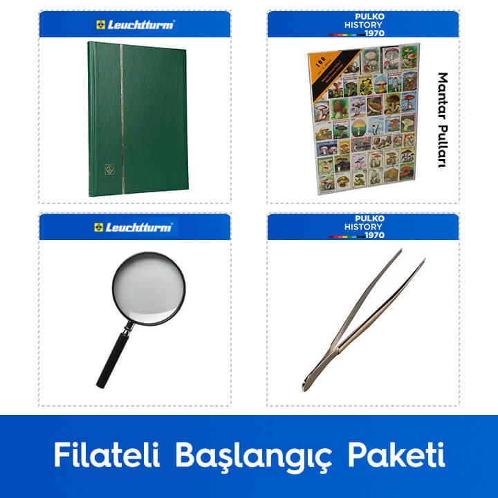 PULKO Filateli Başlangıç Paketi (Leuchtturm BASIC W16 Pul Defteri, 100 Çeşit Pul, Pul Maşası ve Büyüteç), Yeşil - Mantar Pulları ile
