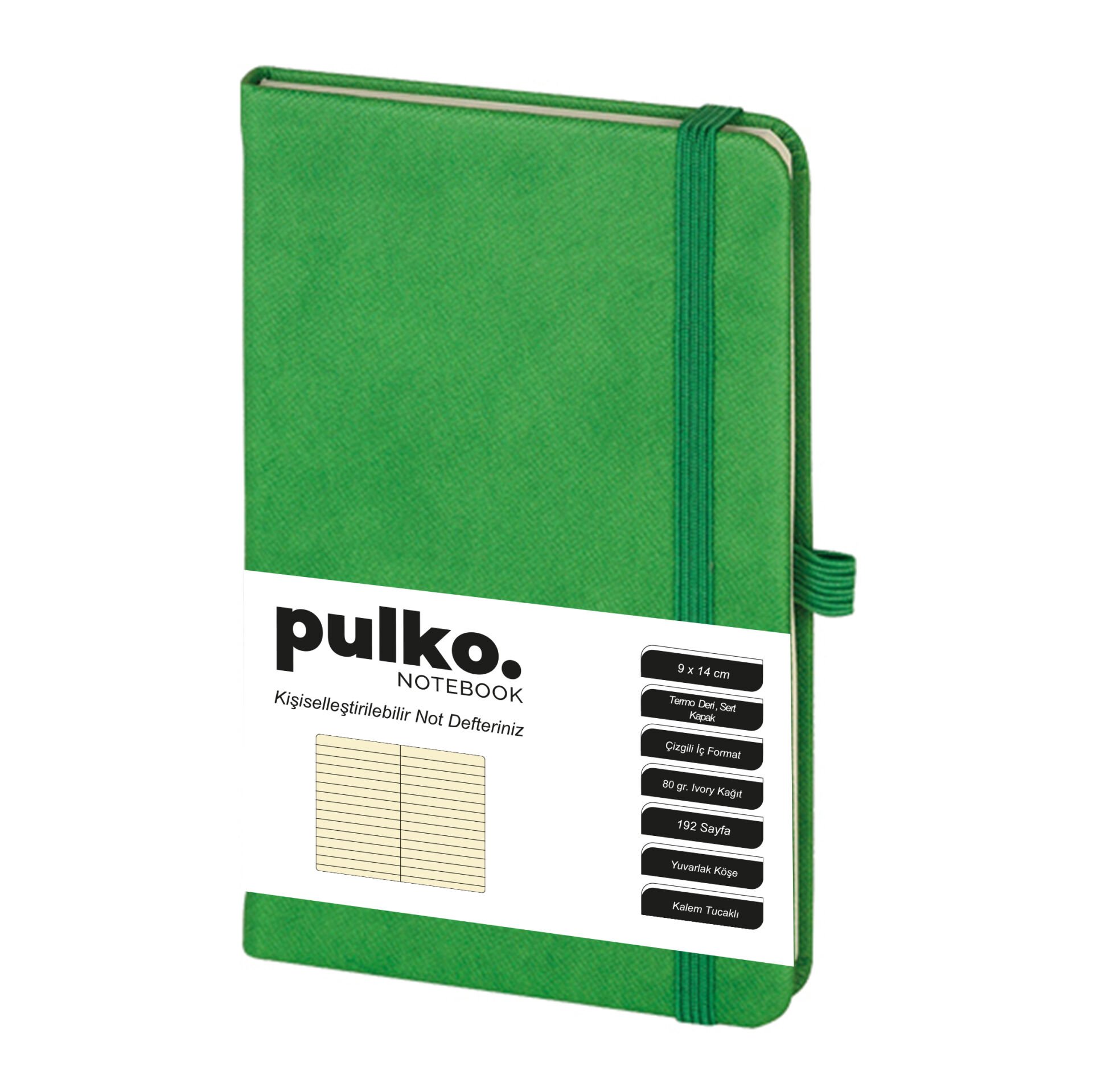 PULKO Notebook Not Defteri, (9x14cm), Termo Deri, Sert Kapak, 192 Sayfa, Çizgili, 035, Yeşil