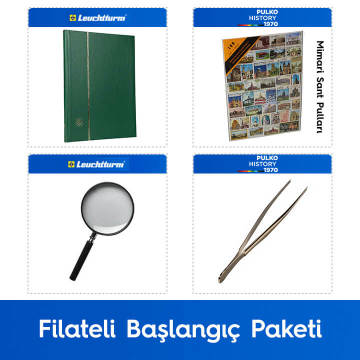 PULKO Filateli Başlangıç Paketi (Leuchtturm BASIC W16 Pul Defteri, 100 Çeşit Pul, Pul Maşası ve Büyüteç), Yeşil - Mimarı Sanat Pulları ile