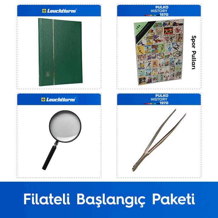 PULKO Filateli Başlangıç Paketi (Leuchtturm BASIC W16 Pul Defteri, 100 Çeşit Pul, Pul Maşası ve Büyüteç), Yeşil - Spor Pulları ile