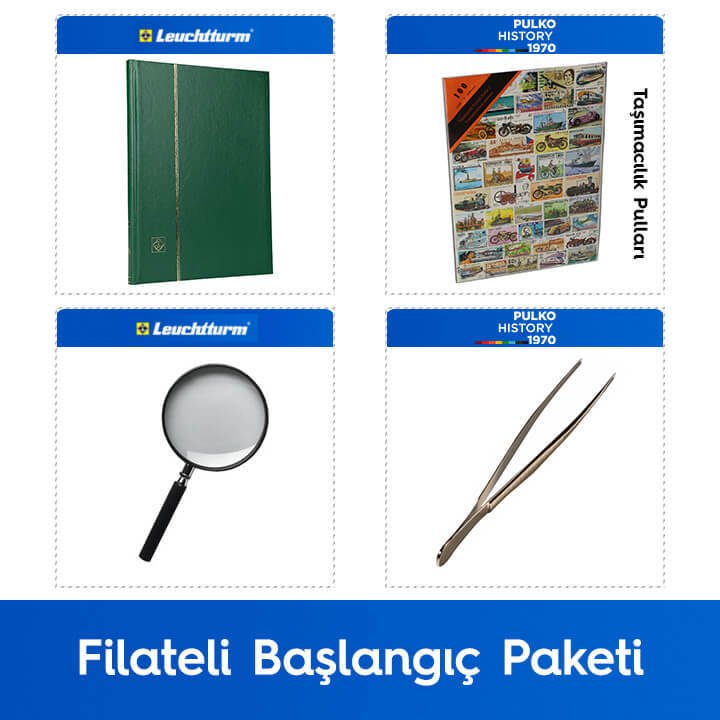 PULKO Filateli Başlangıç Paketi (Leuchtturm BASIC W16 Pul Defteri, 100 Çeşit Pul, Pul Maşası ve Büyüteç), Yeşil - Taşımacılık Pulları ile