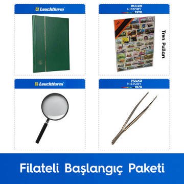PULKO Filateli Başlangıç Paketi (Leuchtturm BASIC W16 Pul Defteri, 100 Çeşit Pul, Pul Maşası ve Büyüteç), Yeşil - Tren Pulları ile
