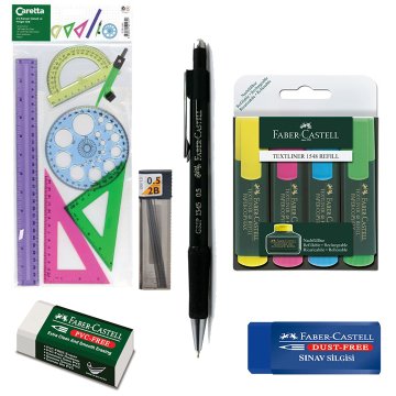 PULKO Okul Kırtasiye Seti (1 Adet Faber Castell Grip 1345 + 4 Adet Faber Castell Silgi + 1 Adet Cetvel Gönye ve Pergel + 1 Adet Faber Fosforlu Kalem 4'lü + 3 Adet Tombow Uç)
