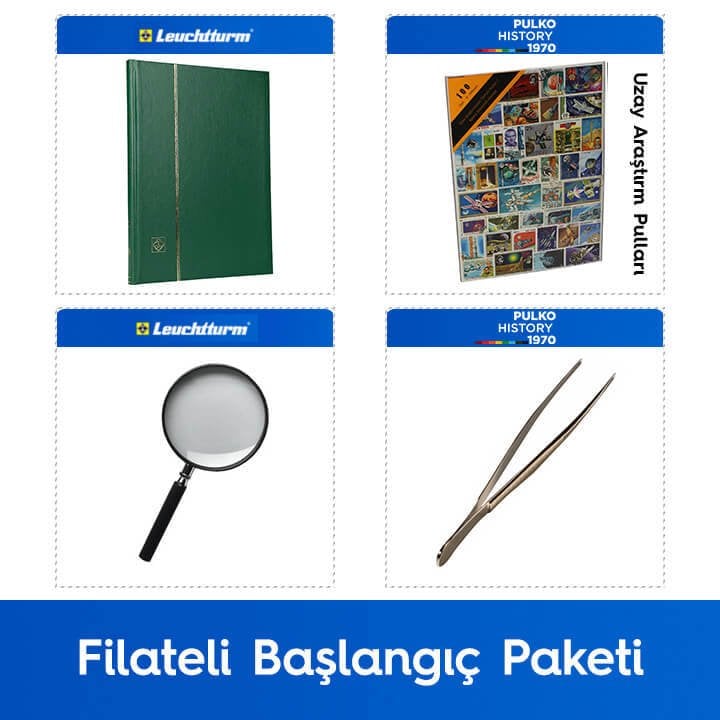 PULKO Philatelic Starter Pack (Leuchtturm W16 BASIC Stamp Editor, type 100 Pula, Pula Tong and Magnifier), Green - Space Research Stamps