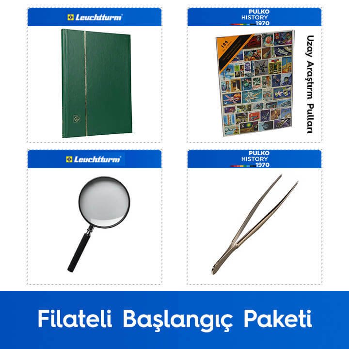 PULKO Filateli Başlangıç Paketi (Leuchtturm BASIC W16 Pul Defteri, 100 Çeşit Pul, Pul Maşası ve Büyüteç), Yeşil - Uzay Araştırma Pulları ile