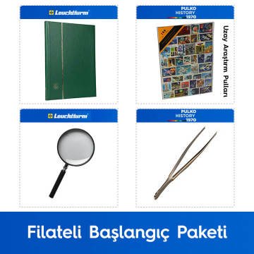 PULKO Filateli Başlangıç Paketi (Leuchtturm BASIC W16 Pul Defteri, 100 Çeşit Pul, Pul Maşası ve Büyüteç), Yeşil - Uzay Araştırma Pulları ile