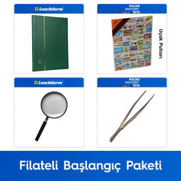 PULKO Filateli Başlangıç Paketi (Leuchtturm BASIC W16 Pul Defteri, 100 Çeşit Pul, Pul Maşası ve Büyüteç), Yeşil - Uçak Pulları ile