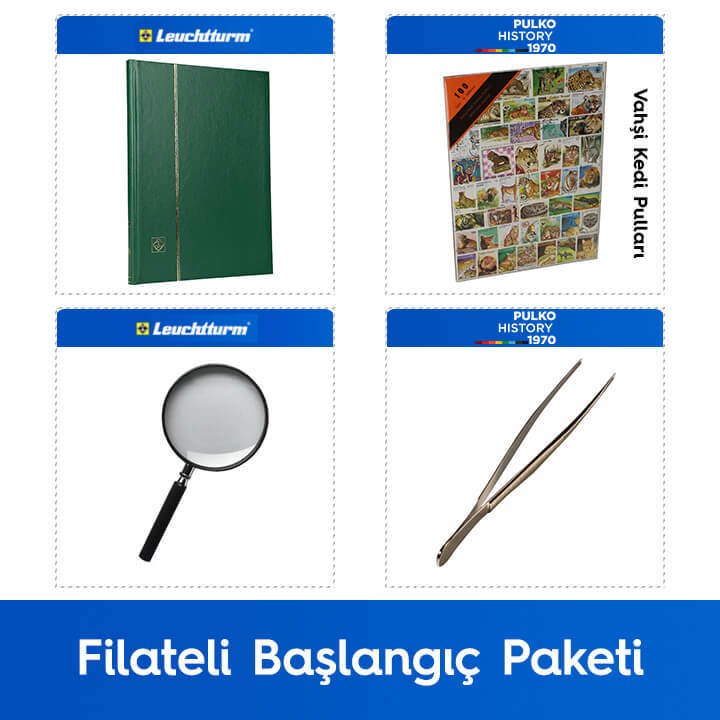 PULKO Filateli Başlangıç Paketi (Leuchtturm BASIC W16 Pul Defteri, 100 Çeşit Pul, Pul Maşası ve Büyüteç), Yeşil - Vahşi Kedi Pulları ile