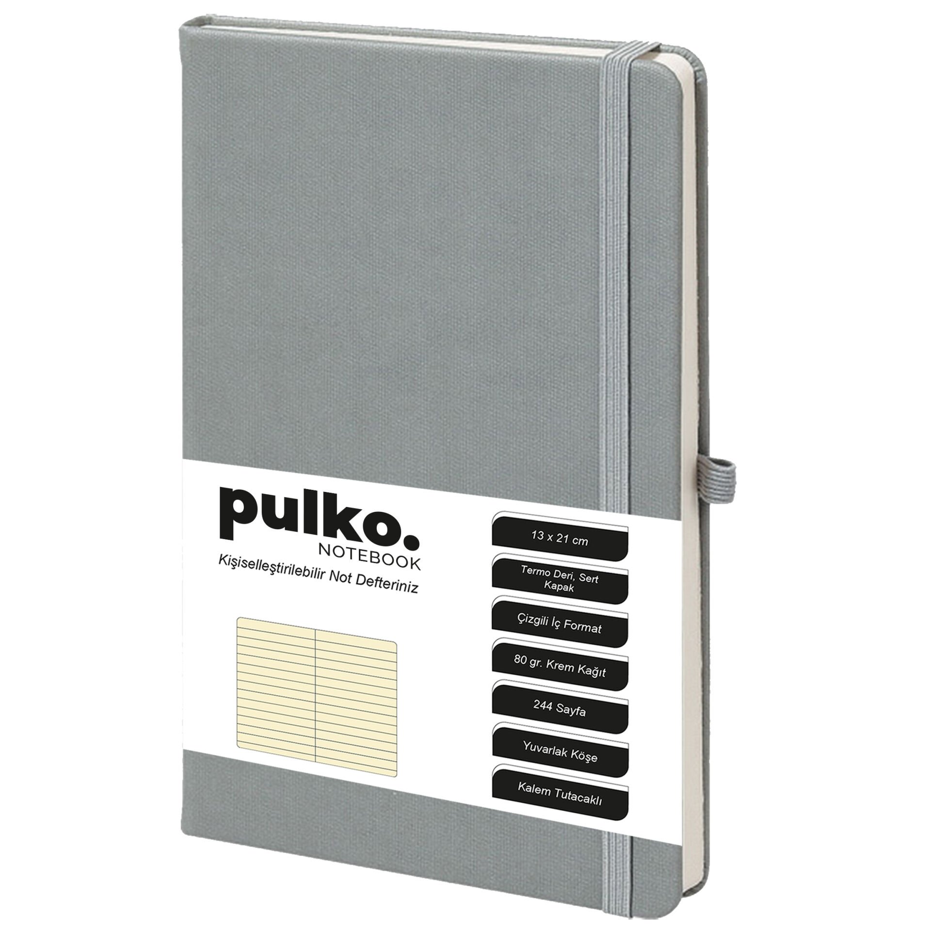 PULKO Notebook Not Defteri, (13x21cm), Termo Deri, Sert Kapak, 224 Sayfa, 80gr Krem Kağıt, Çizgili, 042, Gri