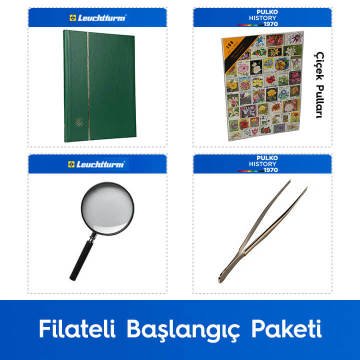 PULKO Filateli Başlangıç Paketi (Leuchtturm BASIC W16 Pul Defteri, 100 Çeşit Pul, Pul Maşası ve Büyüteç), Yeşil - Çiçek Pulları ile