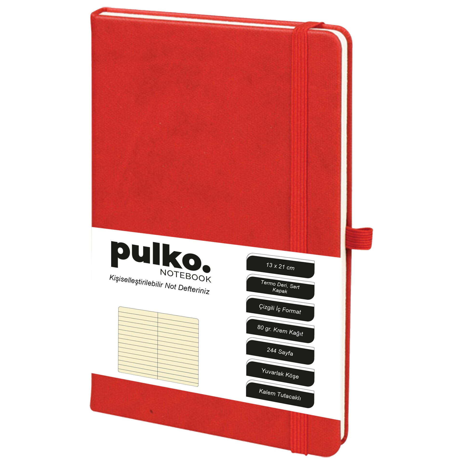 PULKO Notebook Not Defteri, (13x21cm), Termo Deri, Sert Kapak, 224 Sayfa, 80gr Krem Kağıt, Çizgili, 042, Kırmızı