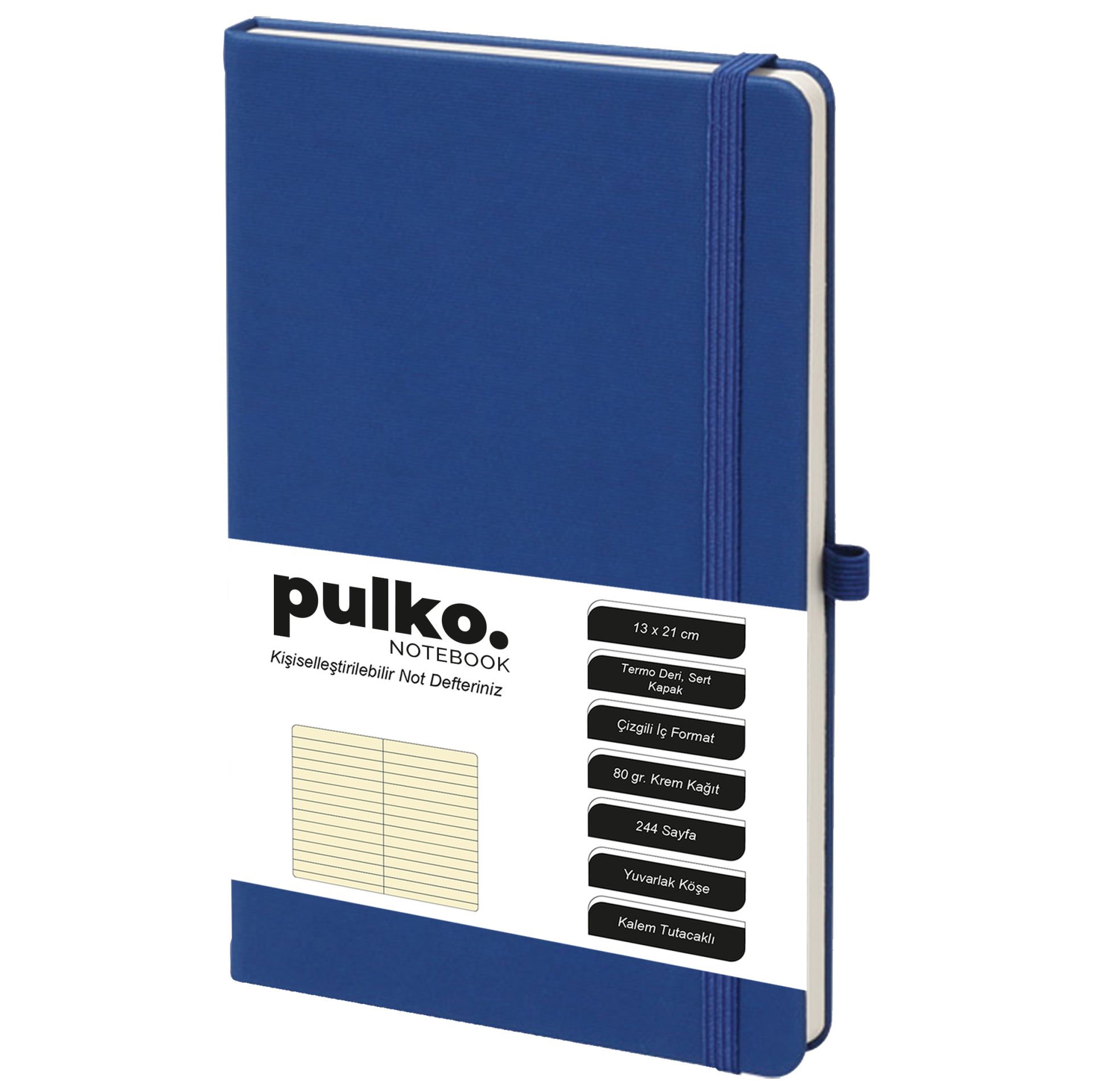 PULKO Notebook Not Defteri, (13x21cm), Termo Deri, Sert Kapak, 224 Sayfa, 80gr Krem Kağıt, Çizgili, 042, Lacivert
