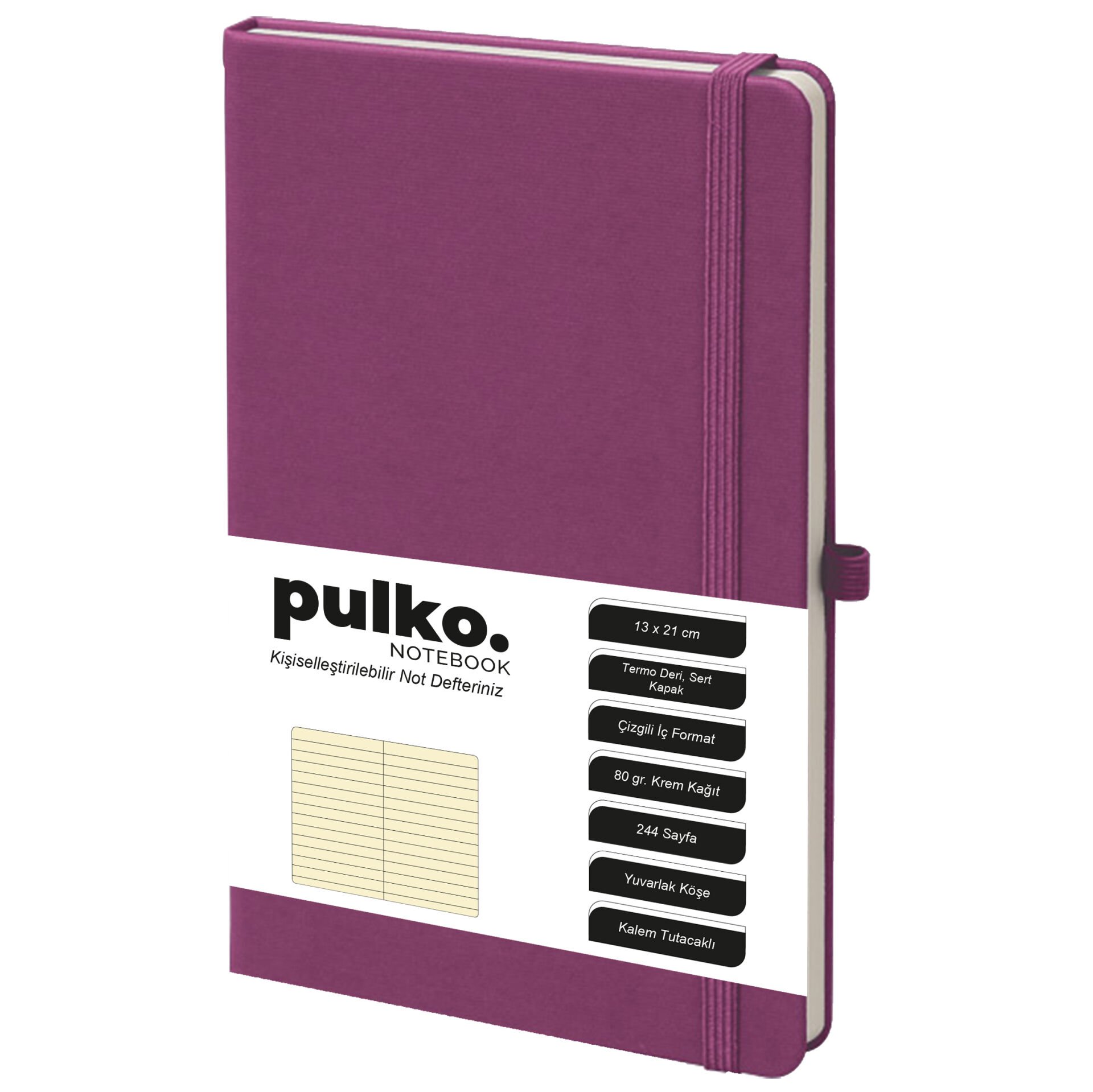 PULKO Notebook Not Defteri, (13x21cm), Termo Deri, Sert Kapak, 224 Sayfa, 80gr Krem Kağıt, Çizgili, 042, Mor