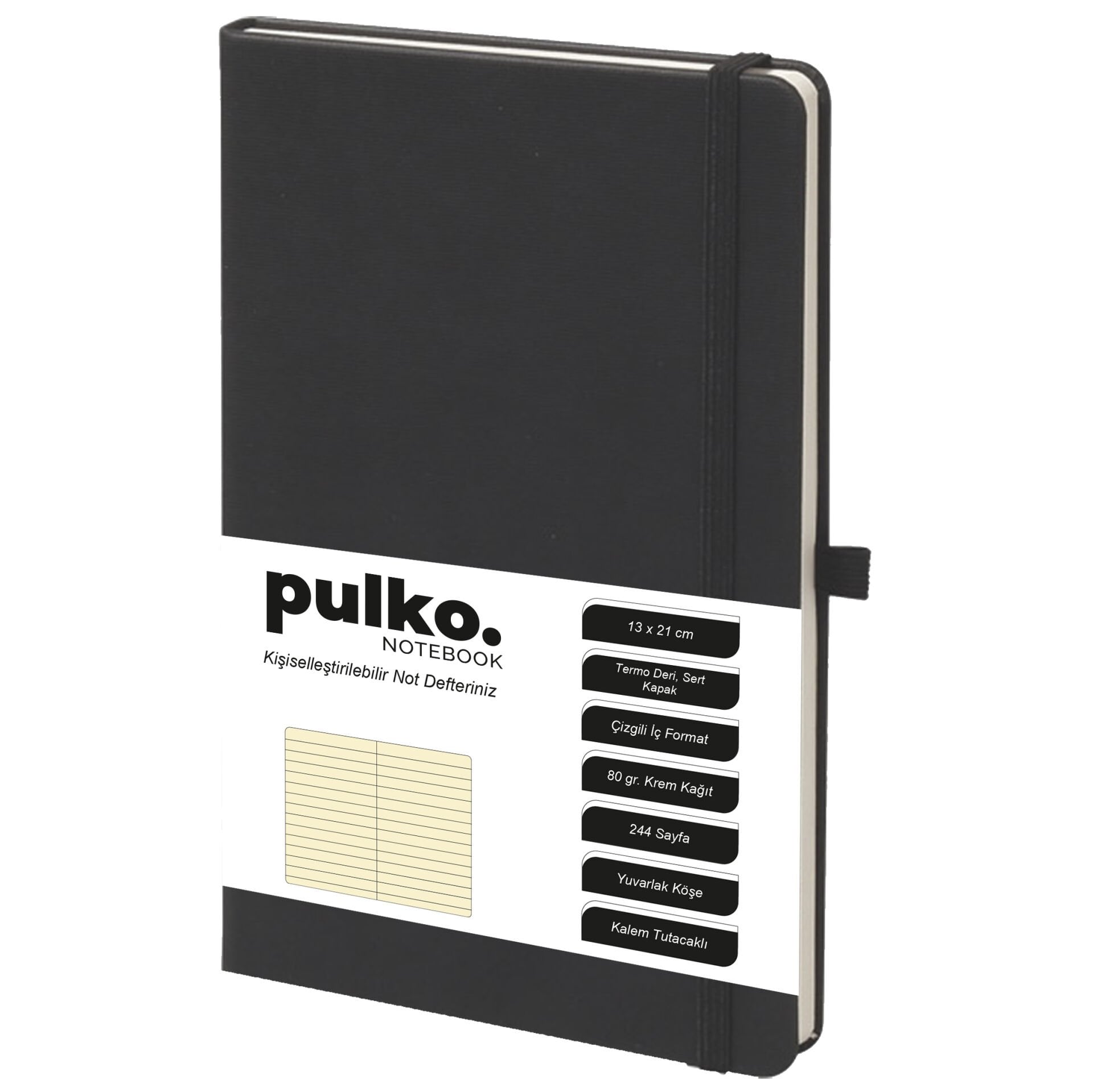 PULKO Notebook Not Defteri, (13x21cm), Termo Deri, Sert Kapak, 224 Sayfa, 80gr Krem Kağıt, Çizgili, 042, Siyah