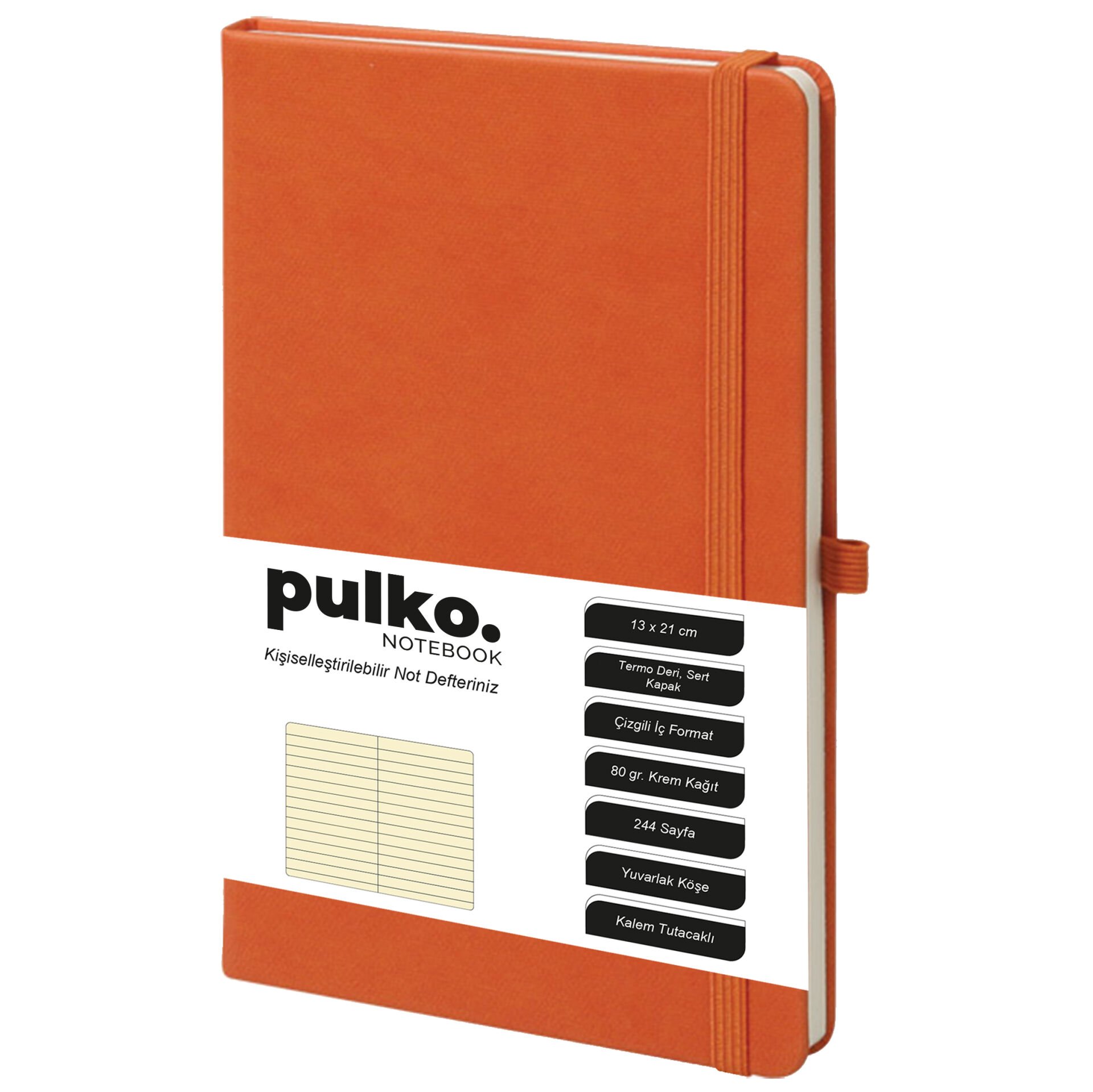 PULKO Notebook Not Defteri, (13x21cm), Termo Deri, Sert Kapak, 224 Sayfa, 80gr Krem Kağıt, Çizgili, 042, Turuncu