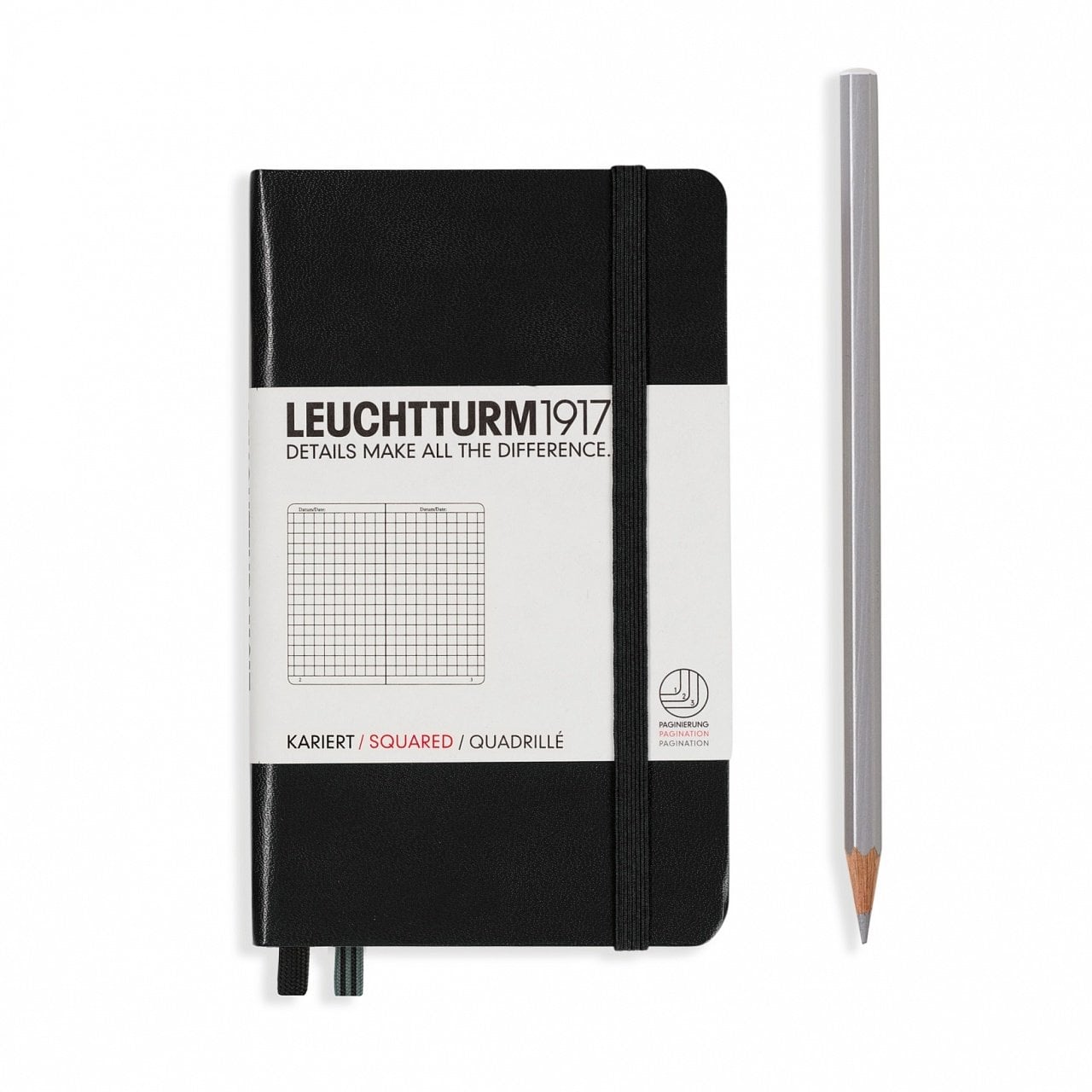 Leuchtturm1917 Not Defteri Cep Boy (A6), Sert Kapak, 185 Numaralandırılmış Sayfa, Kareli - Siyah