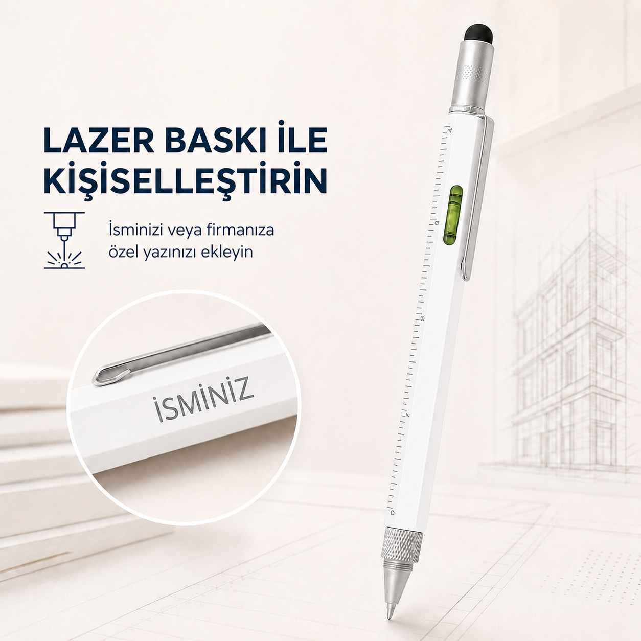 PULKO Promosyon 4 Özellikli Mühendis, Tükenmez Kalem, (Mavi Kartuşlu), 041, Beyaz
