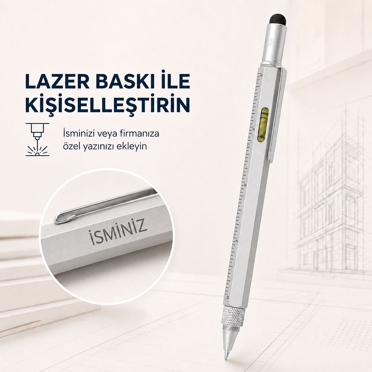 4 Özellikli Mühendis, Tükenmez Kalem, (Mavi Kartuşlu), 041, Gümüş Gri