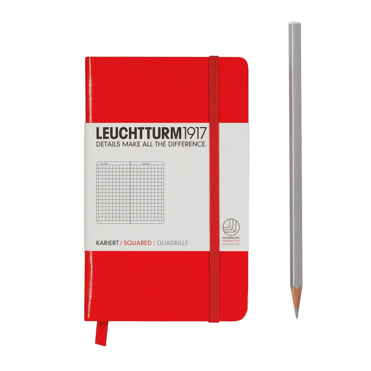 Leuchtturm1917 Not Defteri Cep Boy (A6), Sert Kapak, 185 Numaralandırılmış Sayfa, Kareli - Kırmızı